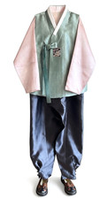L-XL Traditional Korean Men  s Silk Hanbok Set  Pink Top Mint Vest Charcoal Pants