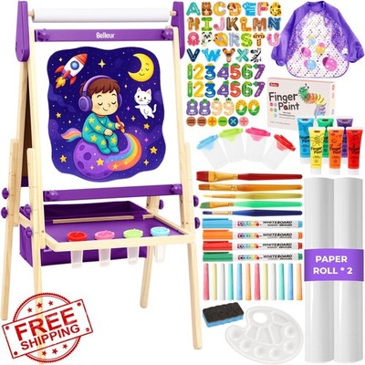 Belleur Kids Art Easel Purple Magnetic Whiteboard Chalk Board Paper Roll
