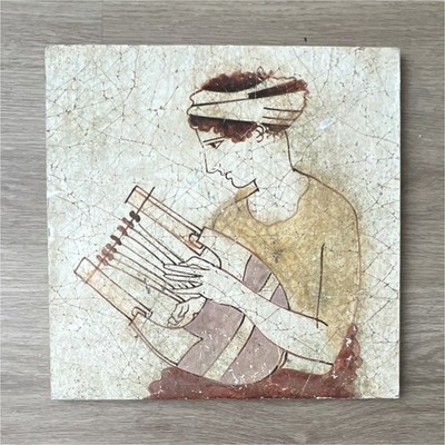 Antique dated 450BC Fresco Relief Tile/Wood Square Musician Art Wall Decor