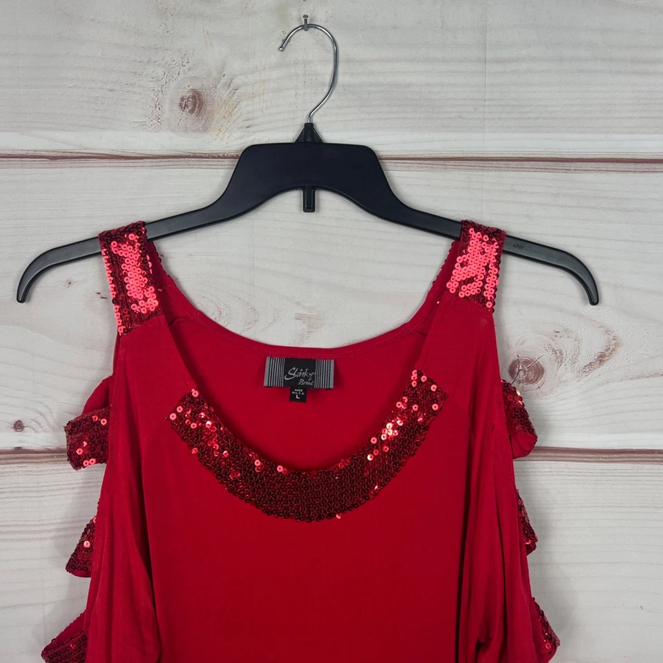 Blusa Slinky Brand Top Feminina L Vermelha Manga Recortada Túnica Lantejoulas Fenda Lateral Malha - Imagem 2 de 4