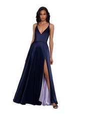 BETSY & ADAM Womens Navy Satin Lace-up-back Sleeveless Fit + Flare Dress 2