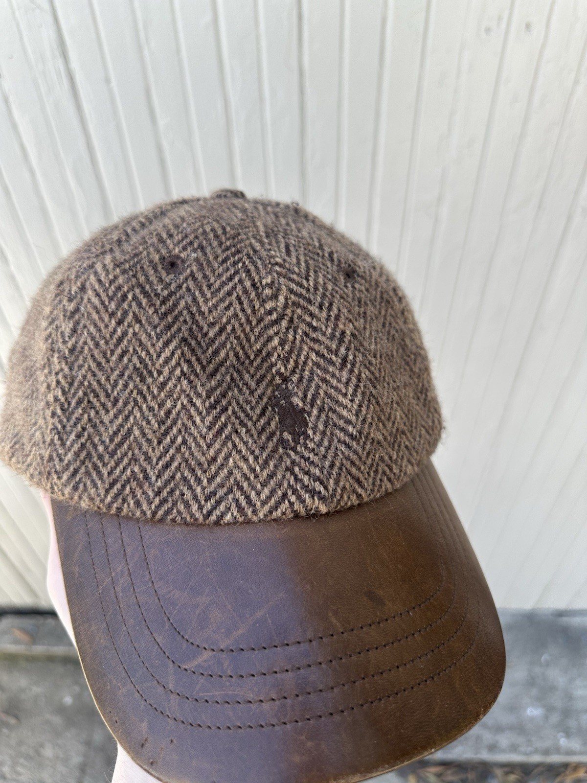Polo Ralph Lauren Hat Cap Tweed Gray Wool Herringbone Leather Brim Adjustable