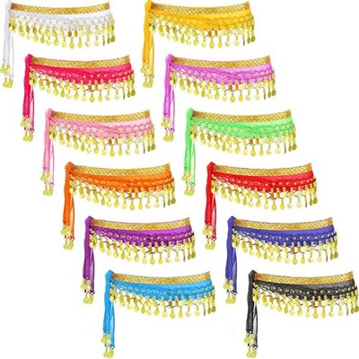 Zhanmai 12-Pack Belly Dance Hip Scarves with Gold Coins, Classic Style, Colorful