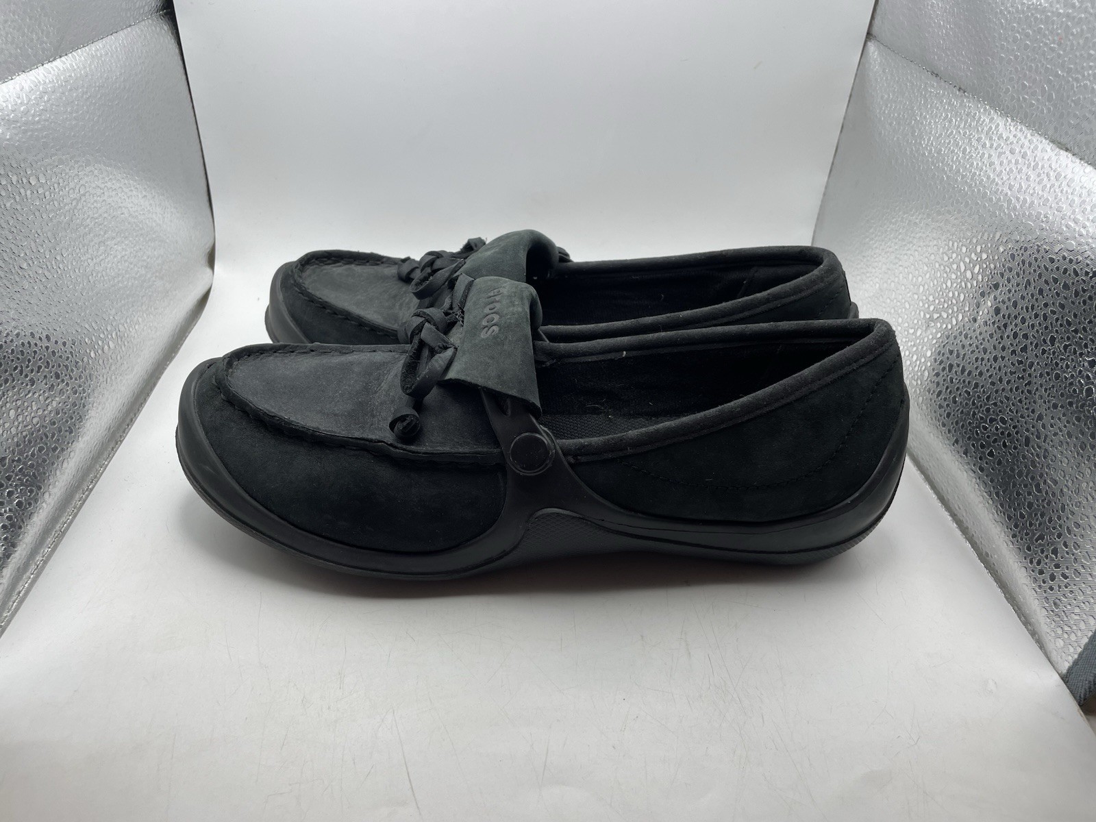 Crocs Brushed Suede Leather Moccasin Loafers Black Size 9-image