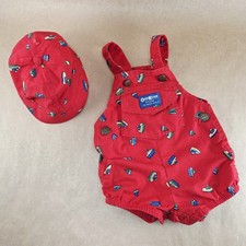 Rare VTG OshKosh B'Gosh Sailboat Vestbak Shortall  Hat Set 6/9M Made in USA