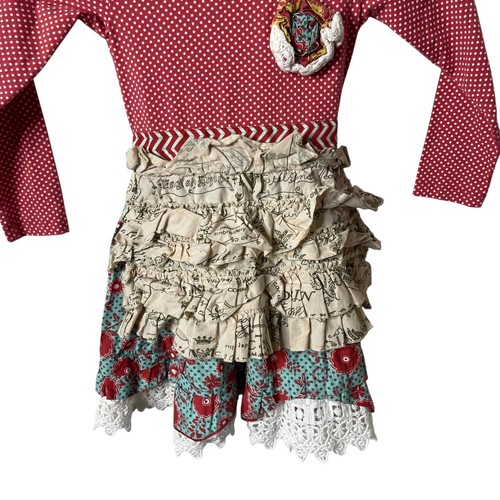 Mustard Pie Girls Red Polka Dot Floral Ruffle Apron Dress Long Sleeve Size 3T - Picture 3 of 6