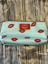 CLINIQUE x KATE SPADE Cosmetics Makeup Travel Bag Aqua  Red Lips