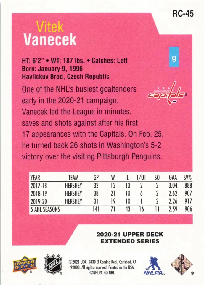 2020-21 Vitek Vanecek UD Extended Series Rookie Class SE Hockey Card #RC-45 - Image 2 of 2
