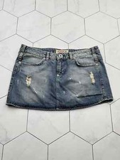 Guess Vintage Denim Mini Skirt Womens Blue Distressed Y2K Low Rise Jean Mini