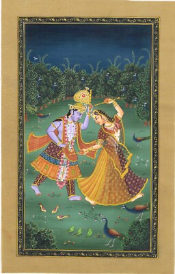 Religiöses Gemälde Von Lord Krishna Und Göttin Radha Beim Tanzen Kunst 7x11 Zoll