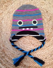 Kids Warm Knit Hat Reversible FACES Ear Flap Ties Winter Girls Boys One Size