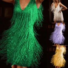 Womens Glitter Fringe Tassel Mini Dress Evening Cocktail Party Ball Gown New