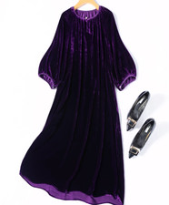 Womens Retro Dress Silk Velvet Crew Neck Lantern Sleeves Loose Long Dress Purple