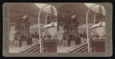Photo:Pebbly beach and moss-covered freight house at Olden, Norway 1905