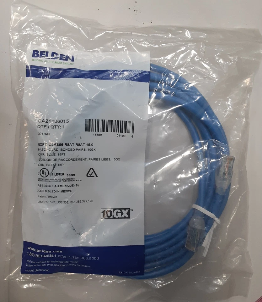 Belden CA21106015 Cat 6A 15Foot Blue Bonded Pair Patch 10GX Cable New! - Image 2 of 2