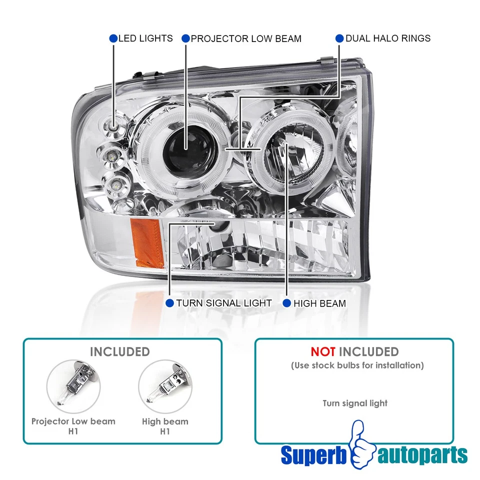 Fits 1999-2004 Ford F250 F350 F450 Super Duty Halo Projector Headlights LED Tube — 第 3/4 张图片