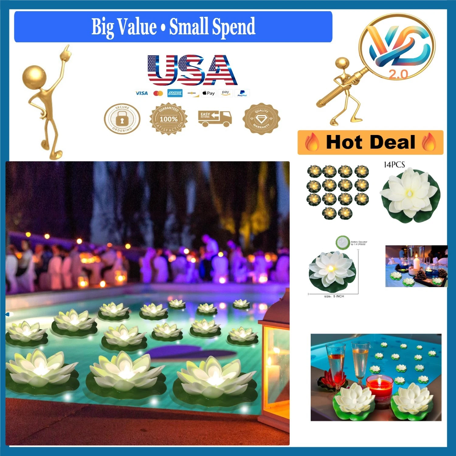 Waterproof Floating Lotus Lights 14 pcs Battery Operated Pool & Garden Decor