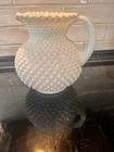 Vintage Fenton Hobnail Milk Glass Large Handled Pitcher Crimped Rim