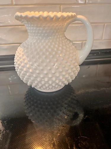 Vintage Fenton Hobnail Milk Glass Large Handled Pitcher Crimped Rim