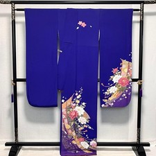 Furisode Silk Kimono Blue Floral Peony Long Sleeve Formal Japan M