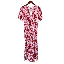 New A New Day Floral Midi Dress Women's M Red Print Crepe Puff Sleeves