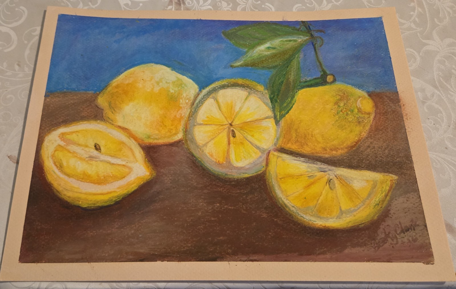 OIL PASTEL painting ORIGINAL art  LEMONS  Still Life 9'x12"
