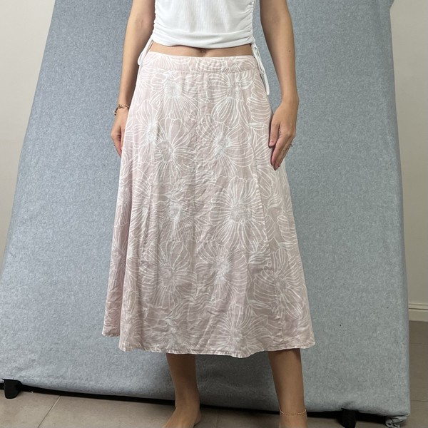 Floral Linen Skirt Womens 12 M Pink Botanical Midi Boho Feminine Tropical Summer