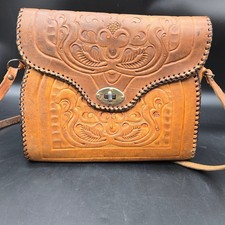 Vintage Hand Tooled Leather Crossbody Bag 1970s Boho Western Saddle Purse Red