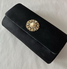 Prom Black Satin Clutch Evening Bag with Decorative Pearl, Rhinestone Brooch