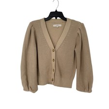 LOFT XS Tan Puff Sleeve Cardigan 100 Cotton V Neck Balloon Sleeve Sweater