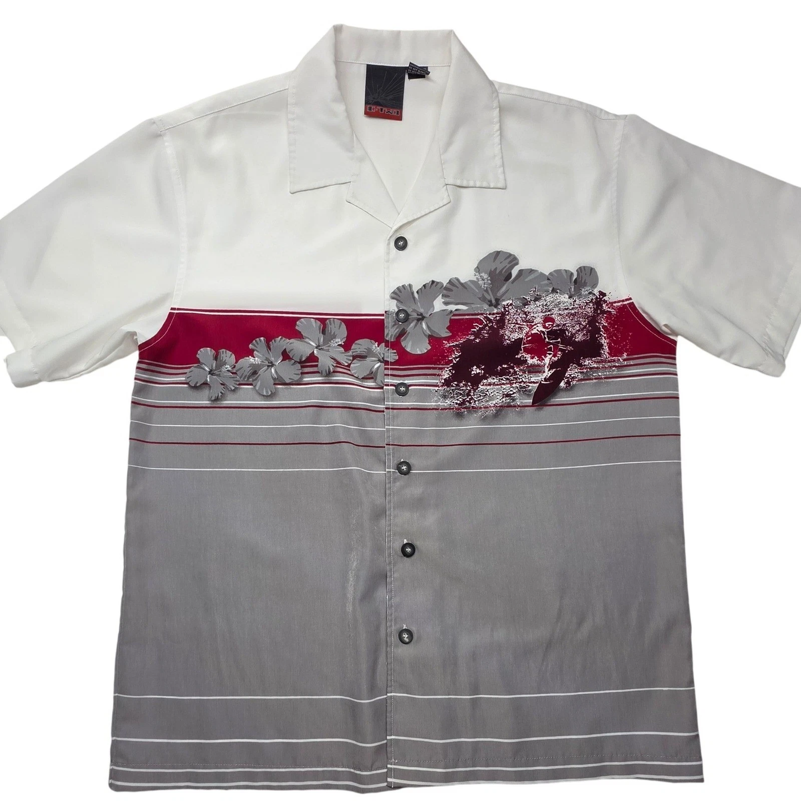 OML-1 Mens Surfer Graphic Hibiscus Floral Striped Button Down Shirt White Red L
Opens in a new windo