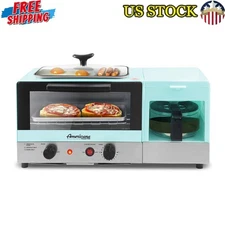 New Blue 3-in-1 Breakfast Station Coffeemaker Griddle Toaster Oven W/ Glass Lid