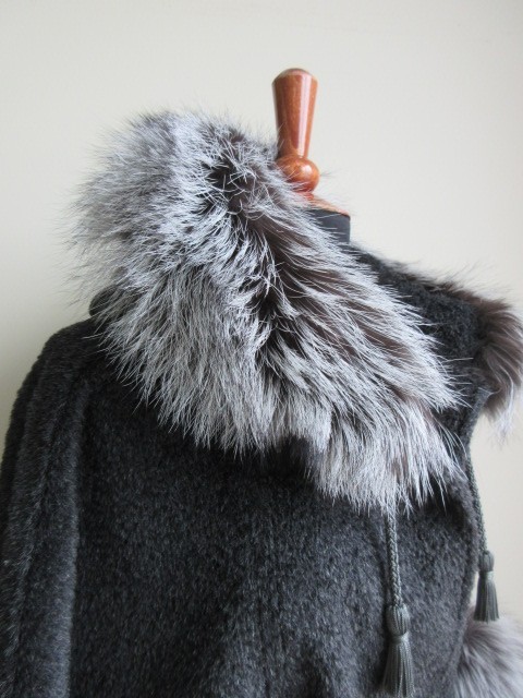 Women's New Charcoal Gray Alpaca Hooded Cape with Silver Fox Fur Trims image 5