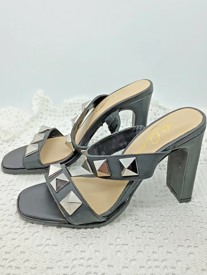 42 Gold Lara Dress Sandal Silver Stud Slide-on Heels Size 7.5 Open Square Toe - Image 4 of 4