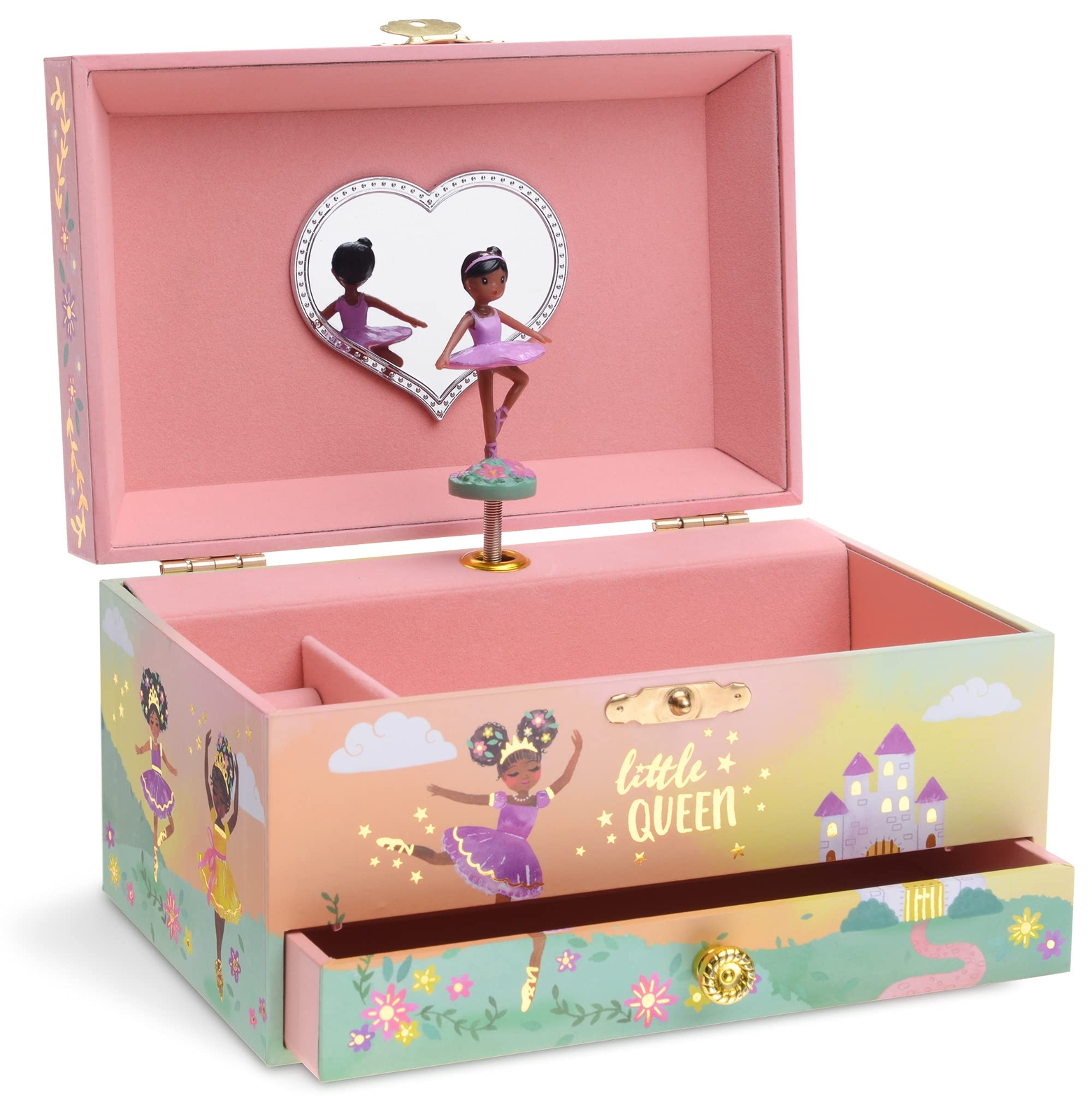 Girls Musical Jewelry Box with Pullout Drawer and Black Ballerina Design