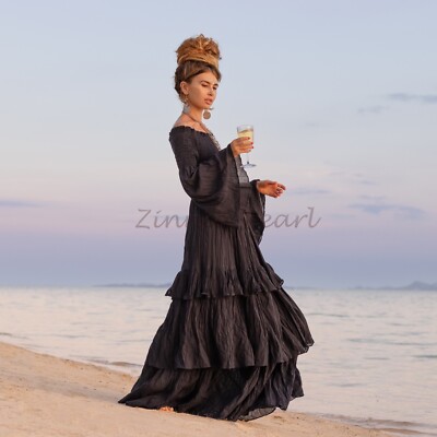 maxi black boho dress Casual Black Dotted Tiered Midi Dress S main image 0