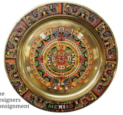 Cargador de latón en relieve colgante de pared bandeja para servir plato 11" vibrante México azteca - Imagen 1 de 6