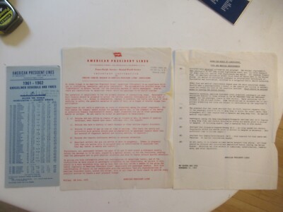 American President Lines 1961-62 Cargoliner Schedule & Fares + 2 Related Docs