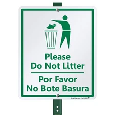 Please - Do Not Litter Bilingual Sign 10"x12" Aluminum with 3' Stake