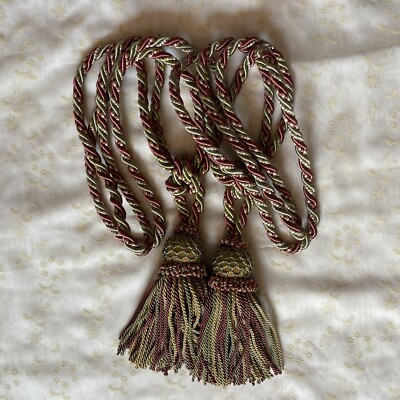 Vintage Brush Ropes Set 2pc Woven Curtain Tie Back 16  Tassel Decor