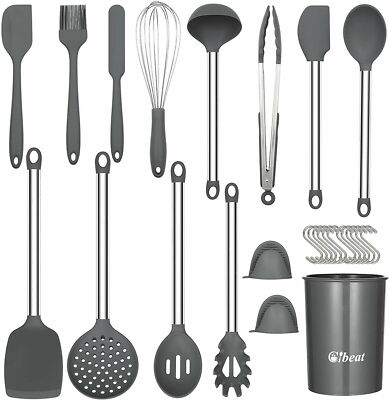 Homikit 27 Pieces Silicone Cooking Utensils Set with Holder, Kitchen Utensil Sets for Nonstick Cookware, Black Kitchen Tools Spatula with Stainless