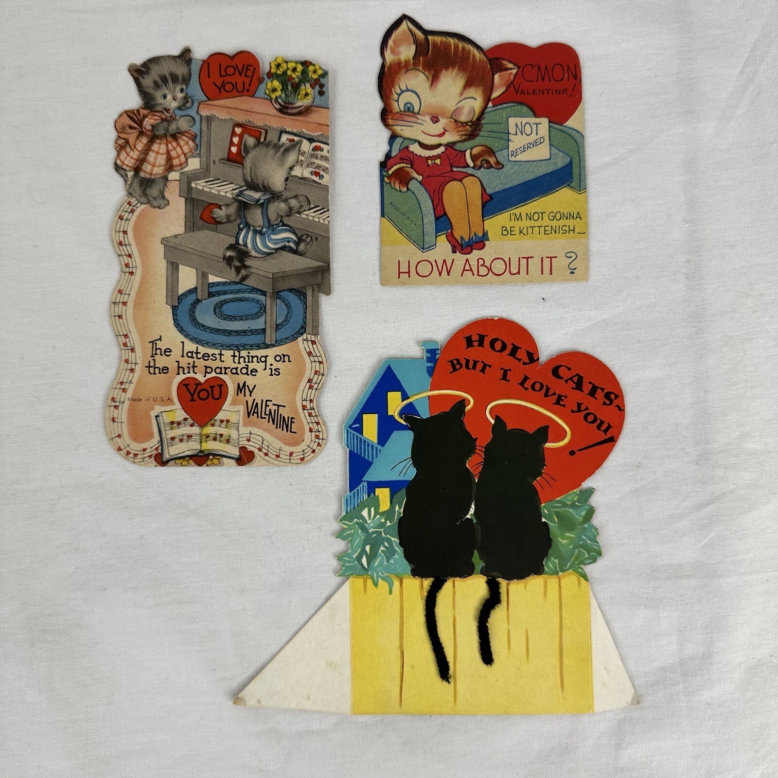 Vtg 1940s Valentine Cards Lot (3) WWII Era Kittens Kittie Kittenish Die Cut Love