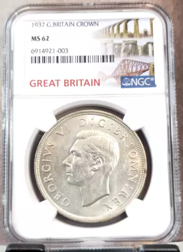1937 GREAT BRITAIN SILVER 1 CROWN GEORGE VI NGC MS 62 SCARCE BEAUTIFUL COIN