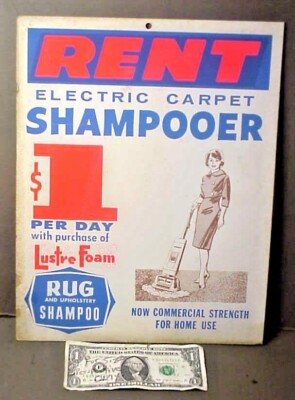 1960s - Rent A Lustre Foam Carpet Shampooer - Point of Sale Ad Sign  14X11