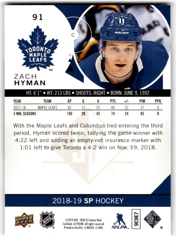 2018-19 SP Blue Zach Hyman #91 Toronto Maple Leafs - Image 2 of 2