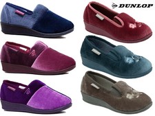Ladies Velour Slippers Dunlop Low Wedge Heel Elastic Floral Outdoor Sole Shoes 