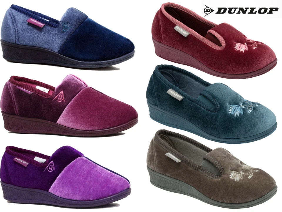 Damen Velours Hausschuhe Dunlop niedriger Keilabsatz elastisch Blumen Outdoor Sohle Schuhe