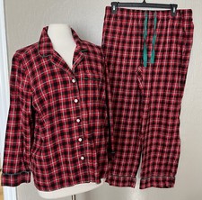 Lands End Womens Flannel Pajama Sleepwear 2 pc Set Red Green Plaid Size L READ 