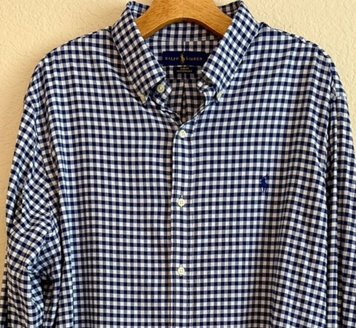 Polo Ralph Lauren Oxford Camicia Uomo XXL Slim Fit Performance Gingham Blu Pony