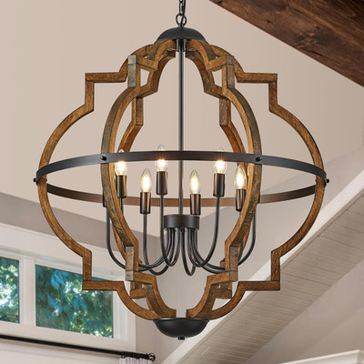 Rustic 8-Light Wood Pendant Chandelier for Dining Room & Entryway